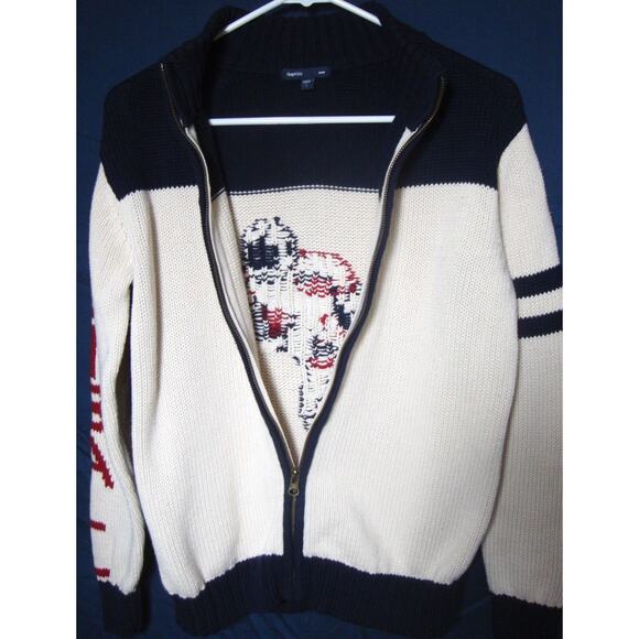 GAP KIDS Varsity Football Sweater Zip Front Cardigan Large RARE Red White Blue - Picture 3 of 4